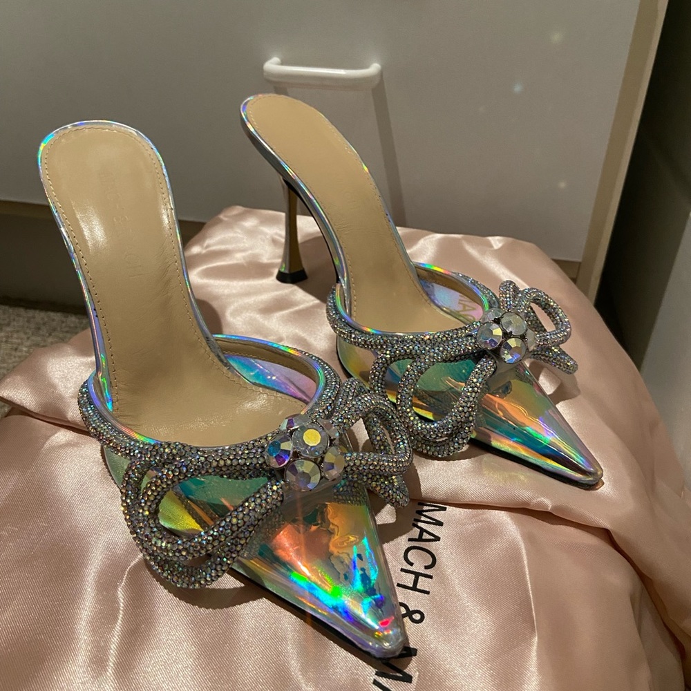 Mach and Mach Double Bow Crystal Embellished Irisdicent pvc mules